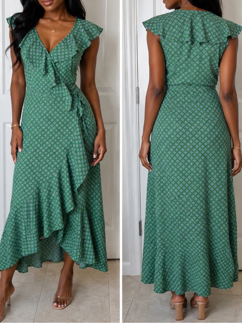 Max Studio Emerald Green Ruffle Wrap High-Low Midi Dress. Size XL. NWT.
